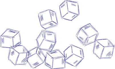 Hand drawn line ice cube, sugar, toys. Cold pieces, pieces of ice,  doodle sketches. The review is illustrated with cubes. Vector illustration with cubes.