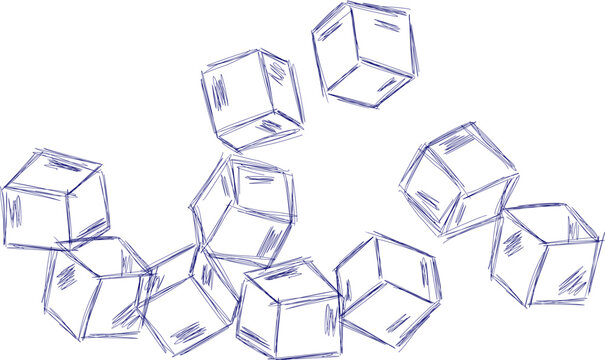 Hand drawn line ice cube, sugar, toys. Cold pieces, pieces of ice,  doodle sketches. The review is illustrated with cubes. Vector illustration with cubes.
