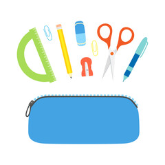 pencil case with stationery in flat style
