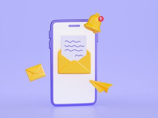 Notification newsletter 3d render illustration - mobile phone with yellow envelope and bell on screen.