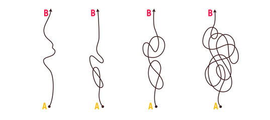 Difficult way, chaos path from point A to B. Complex chaos simplifying concept. Easy simple way. Vector illustration