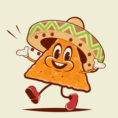 funny illustration of a walking cartoon nacho with sombrero