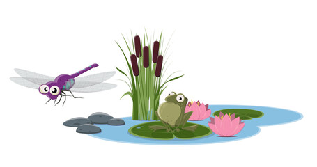 funny cartoon illustration of a small pond with dragonfly and frog