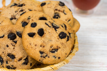 Chocolate chip cookies in a basket. Close-up.