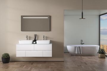Interior of modern bathroom with beige and green walls, wooden floor, bathtub, plants, double sink standing on wooden countertop and a square mirror hanging above it. 3d rendering
