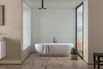 Fototapeta na wymiar Interior of modern bathroom with beige and green walls, wooden floor, bathtub, plants, double sink standing on wooden countertop and a square mirror hanging above it. 3d rendering 