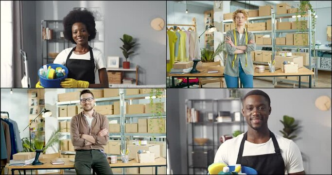 Collage of diverse multi-ethnic people indoors. Cleaning service workers with tools standing in apartment looking at camera. Young male and female designers stand in own clothing shop warehouse