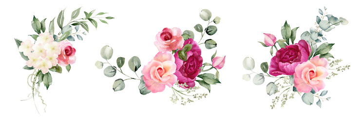 Fototapeta premium Watercolor flowers clipart. Pink peony, rose flower, hydrangea and eucalyptus leaves. Floral arrangement for card, invitation, decoration. Illustration isolated on white background