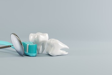 Fototapeta na wymiar Toothbrush and tooth. Concept of caring for the teeth, checkup at the dentist. 3d render, illustration.