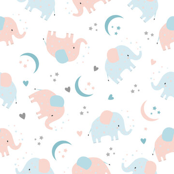  Kids pattern with little elephant, baby shower greeting card. Animal seamless background, cute vector texture for kids bedding, fabric, wallpaper, wrapping paper, textile, t-shirt print © Sun_Lab_Design