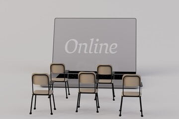 modern technologies. work, study online. online school. a large laptop with the inscription online in front of the students' workplaces on a white background. 3d illustration. 3d render