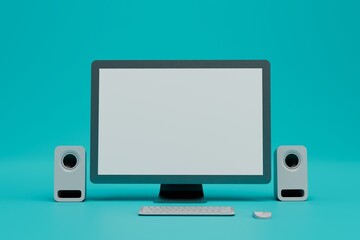 modern technology. work, study online. workplace at the computer. monitor, keyboard, computer mouse and stereo speakers on a turquoise background. 3d illustration. 3d render