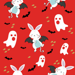 Halloween pattern. Seamless pattern with cute evil rabbit and ghost on orange background. Vector illustration. Kids collection