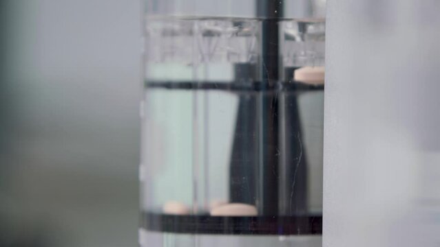 a tablet was thrown into a flask of water and dissolved by stirring water with a tablet. in the background flasks with leaves. close-up