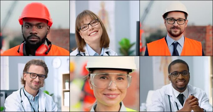 Collage of diverse multiracial people of different professions looking at camera. Happy men and women smiling at camera. Constructor, construction industry. Healthcare worker. Doctor profession