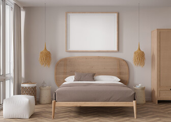Empty horizontal picture frame on beige wall in modern bedroom. Mock up interior in boho style. Free, copy space for your picture, poster. Bed, rattan basket. 3D rendering.