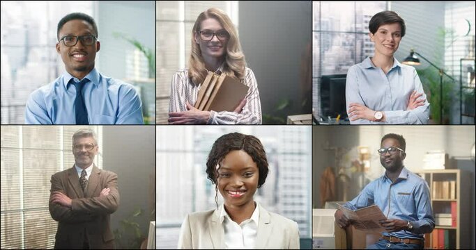 Portraits of diverse multiracial business people in cabinet smiling at camera. Collage, multi screen. Male and female corporate workers indoor in office. Job concept. Business lifestyle. Close up