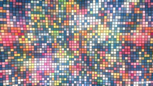 Color animated background. Wave motion of 3d rectangles, rhombuses, cubes. Rainbow mosaic, puzzle. Grid field. Sound membrane. Screensaver for games, logo, technology, business, presentations. 4k