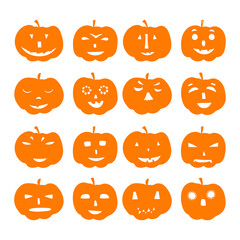 Set of the Halloween pumpkins with cute faces. Orange silhouettes on white background. Vector design elements. 