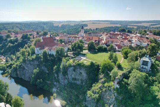 Romantic view of historical building and part of castle,banks of river Luznice in spa town Bechyne, Czech republic,Europe, město Bechyně,aerial scenic panorama landscape view of historical city center