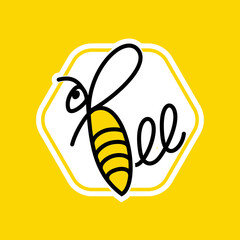Concept logo with an inscription stylized as a bee. Yellow isolated background. Vector illustration.