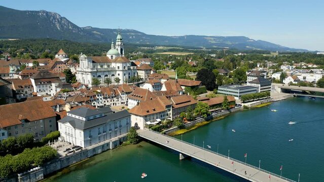 Panoramic aerial view over Solothurn in Switzerland and Cathedral of Saint Ursus - travel photography
