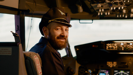 Portrait of airplane captain preparing to takeoff and fly using dashboard command in cockpit....