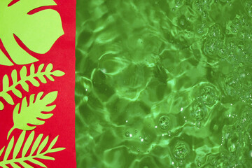red paper with green jungle leaves, next to green water as copy space, creative art modern design, marketing, tropical
