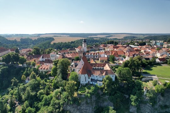 Romantic view of historical building and part of castle,banks of river Luznice in spa town Bechyne, Czech republic,Europe, město Bechyně,aerial scenic panorama landscape view of historical city center