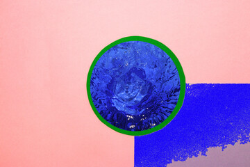 pink background with aqua blue circle, one quarter, creative art modern design, copy space,...