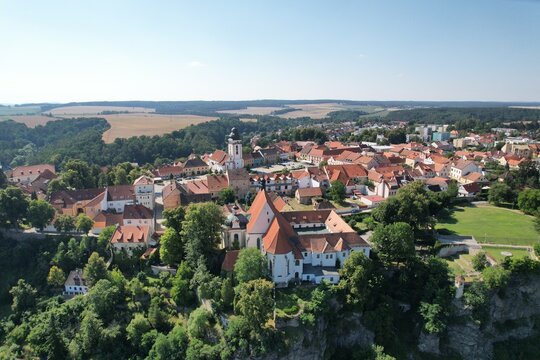 Romantic view of historical building and part of castle,banks of river Luznice in spa town Bechyne, Czech republic,Europe, město Bechyně,aerial scenic panorama landscape view of historical city center