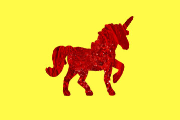 red water unicorn on pastel yellow background, creative art modern design