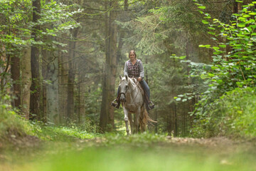 Hacking a horse in summer outdoors: A female equestrian rides her white arabian horse on a forest track; focus on the horse
