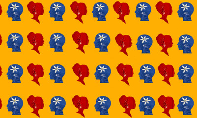 Obraz premium male and female water head looking at each other copied all over orange background, creative art modern design, patter, kiss, love 