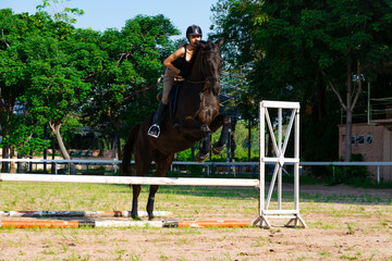 young girl jockey is training, jumping over the barrier on a dark-colored horse. Dressage and show...