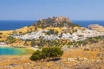 Fototapeta na wymiar Panoramic view of Lindos town with the Acropolis on Rhodes island, Greece, Europe.
