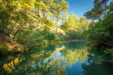 Lake in The seven springs waterfall forest area in the island of Rhodes, Greece, Europe.