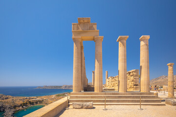 Acropolis of Lindos, the ruins of the Temple of Athena Lindia, Rhodes island, Greece, Europe.