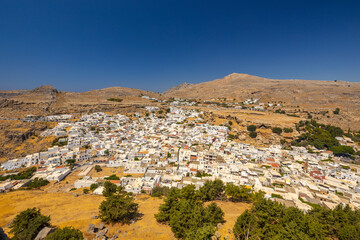 Panoramic view of Lindos town on Rhodes island, Greece, Europe.