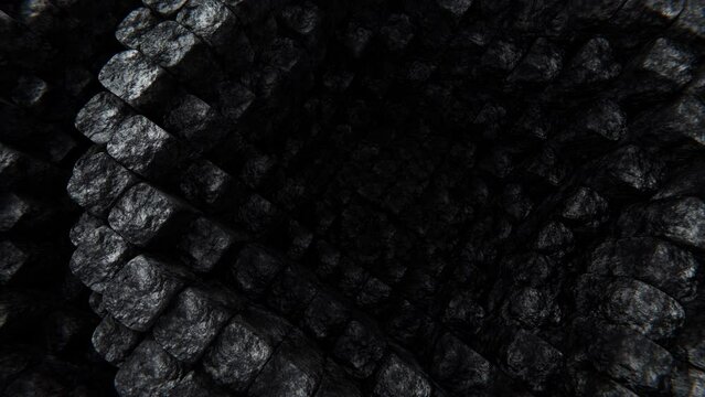 Abstract looping 3D animation of the moving dark granite or rock or stone rectangular poles pattern rendered in UHD as motion background
