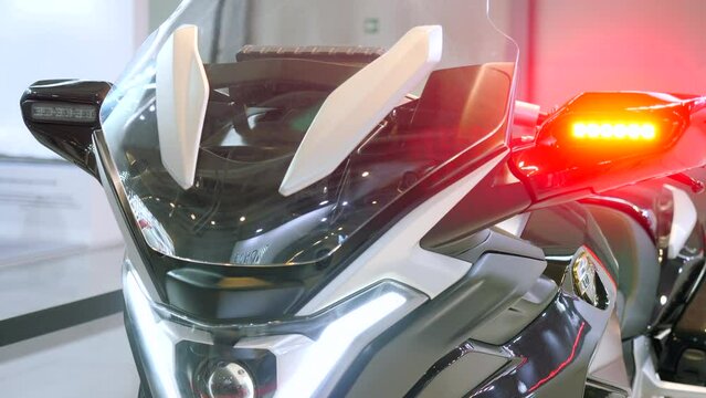 Police flashing lights on motorcycle. Media. New motorcycle model for police. New transport equipment with flashing lights for police