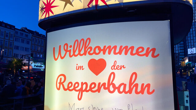 Welcome to Hamburg Reeperbahn Entertainment and red light district - CITY OF HAMBURG, GERMANY - MAY 14, 2022
