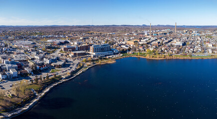 Aerial view of Rouyn-Noranda City and Osisko Lake in a fall season sunny day. Abitibi-Temiscamingue, Quebec, Canada.