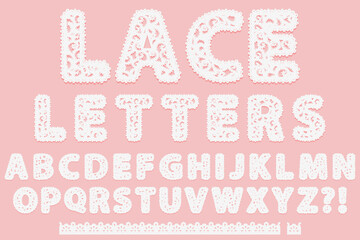 Set of white lace letters isolated on pink background. Abc Lacy font and pattern brush border for label. Alphabet cute lace symbols for design gift card or elegant invitation - obrazy, fototapety, plakaty