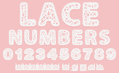 Set of white lace numbers isolated on pink background. Abc Lacy font and pattern brush border for label. Alphabet cute lace symbols for design gift card or elegant invitation