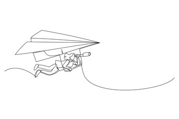 Cartoon of businesswoman flying paper airplane origami as glider with telescope to see future. Future forecast or discover new idea and inspiration concept. Single continuous line art style