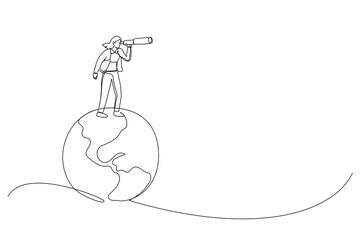 Illustration of businesswoman standing on planet earth globe using telescope search new opportunity. Globalization, global business vision. One line art style