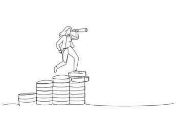 Cartoon of businesswoman leader on raising money stack using telescope or spyglass looking forward for business opportunity. Economic forecast concept. Continuous line art style