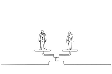 Drawing of business man and woman standing on balance scales. Gender equality metaphor. Single line art style - obrazy, fototapety, plakaty