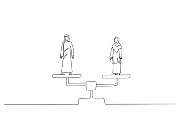 Cartoon of arab business man and hijab business woman standing on balance scales. Opportunities in workplace concept. Continuous line art